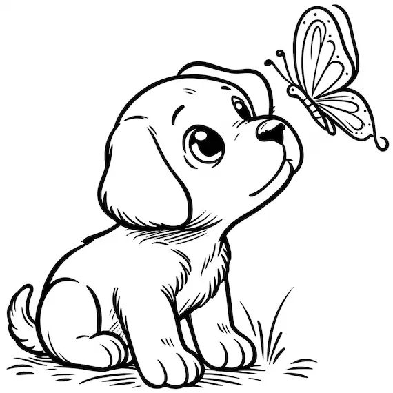 Dessin de chiot regardant un papillon